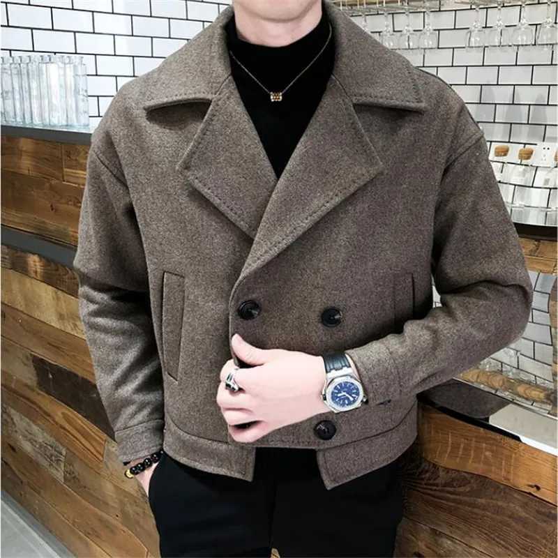 New Arrival Mens Windbreer Autumn Thick Wool Blended Trench Jacket Shorts Loose Korean Mens Double Chest Coarse Hemp Coat Z241122