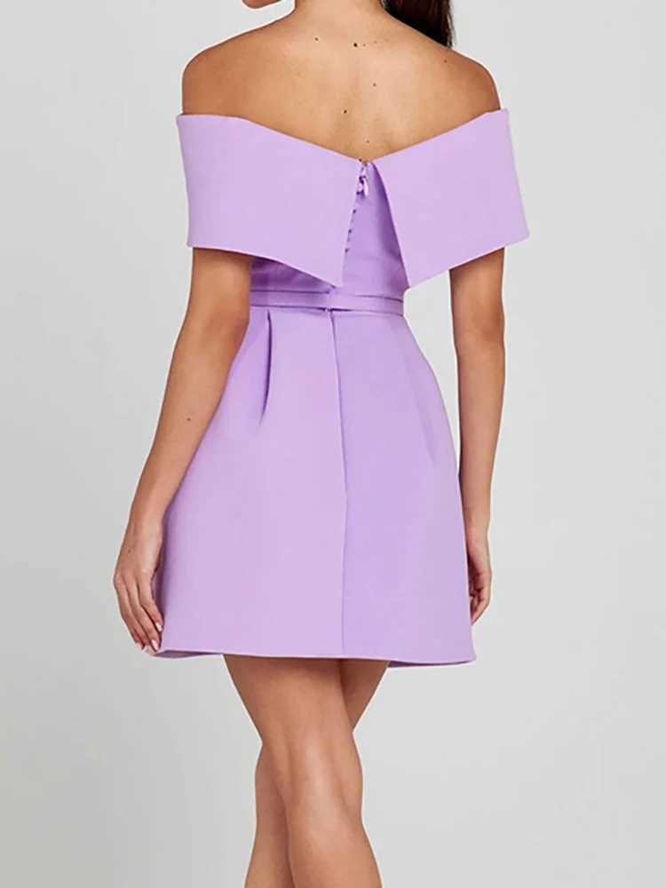 Wen Simple Pahwork Off The Shoder Party Dress Spring/Summer Short Sve Mini Dress Slash Neck Solid Womens Dress M241123