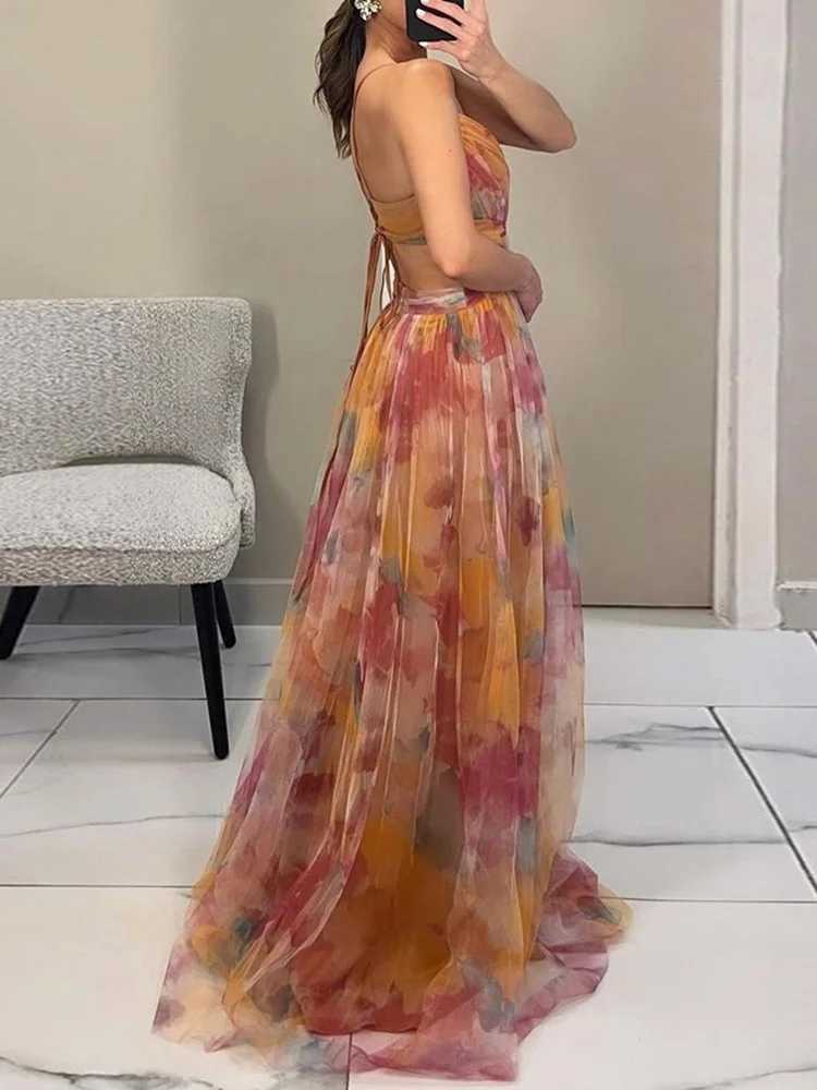 V-neck sexy hollow party dress warm summer casual wear fashionable printed Maxi dress strapless lace womens dress Vestido M241123