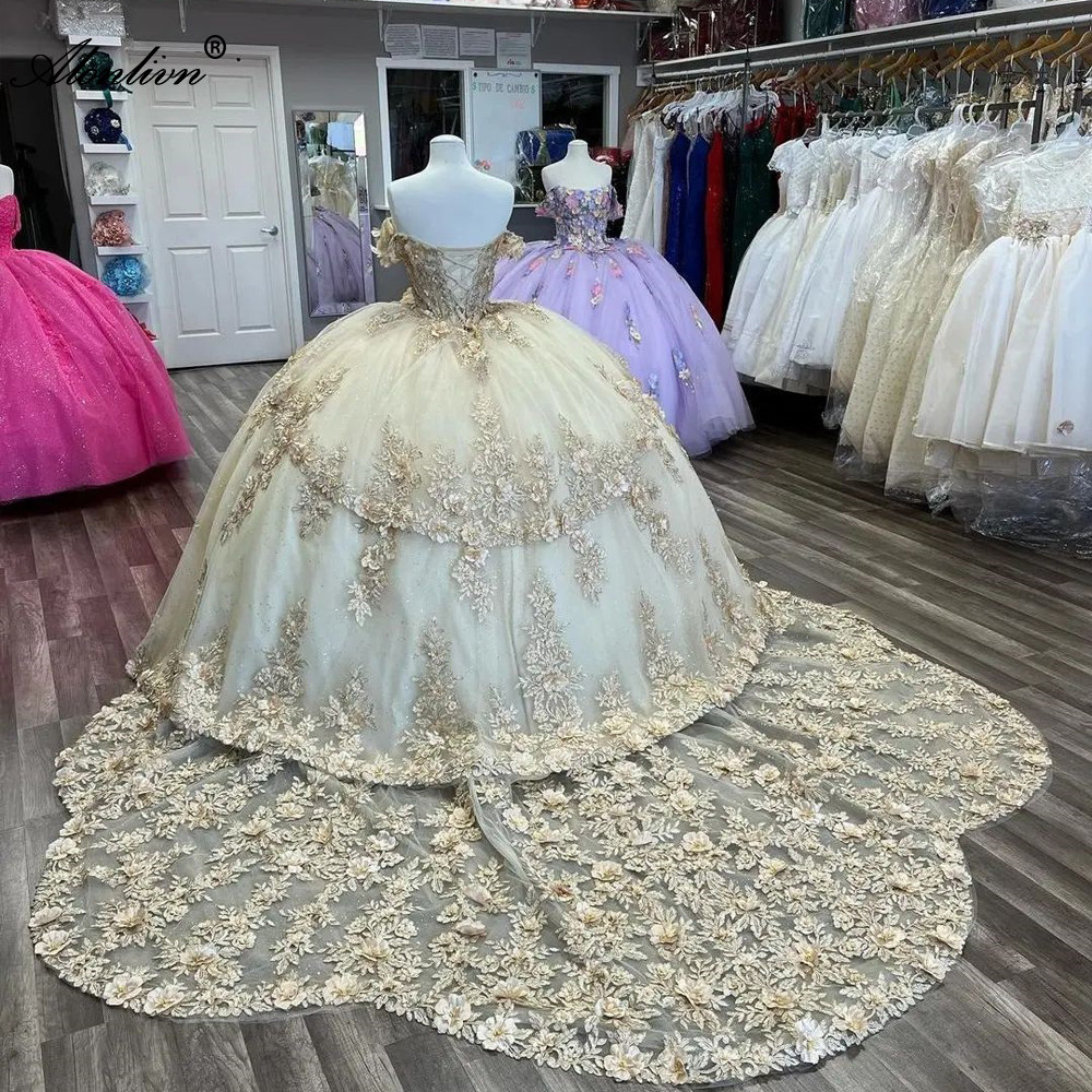 New Style Aso Ebi Beaded 3D Flowers Appliques Sweetheart Quinceanera Dresses Uniquite Train Off Shoulder Sweetheart Ball Gown Evening Party Pageant Bi