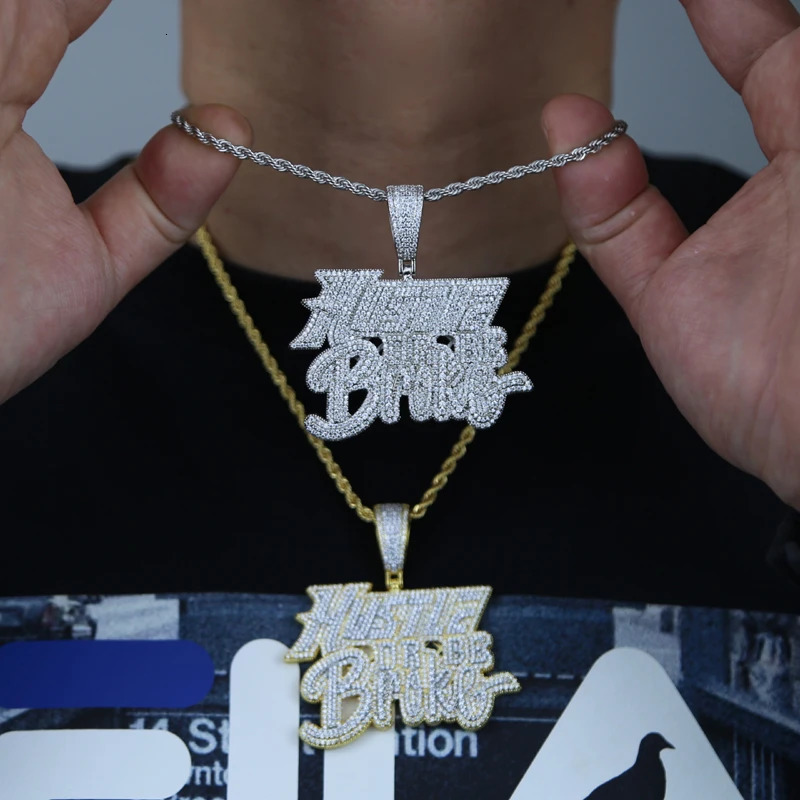 Iced Out Bling Men Jewelry Micro Pave 5A CZ Gold Color Rock Punk Hip Hop Letter Hustle Or Be Broke Pendant Necklace 241122