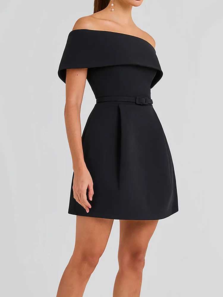 Wen Simple Pahwork Off The Shoder Party Dress Spring/Summer Short Sve Mini Dress Slash Neck Solid Womens Dress M241123