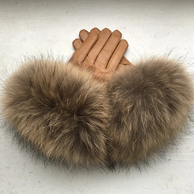 Real Raccoon Fur Gloves Womens Genuine Leather Gloves Fox Fur Raccoon Fur Sheepskin Gloves Womens Winter Velvet Warm Touch 241122