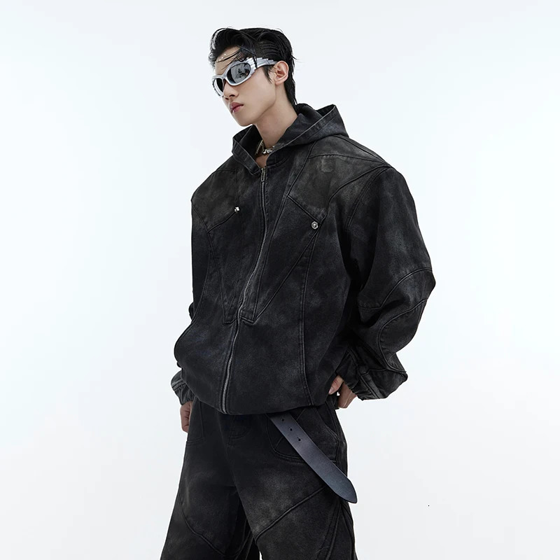 IEFB Autumn Winter Mens Denim Set Niche Heavy Vintage Shoulder Pads Hooded Denim Jacket Two Piece Baggy Wide Leg Jeans 9C3250 240415