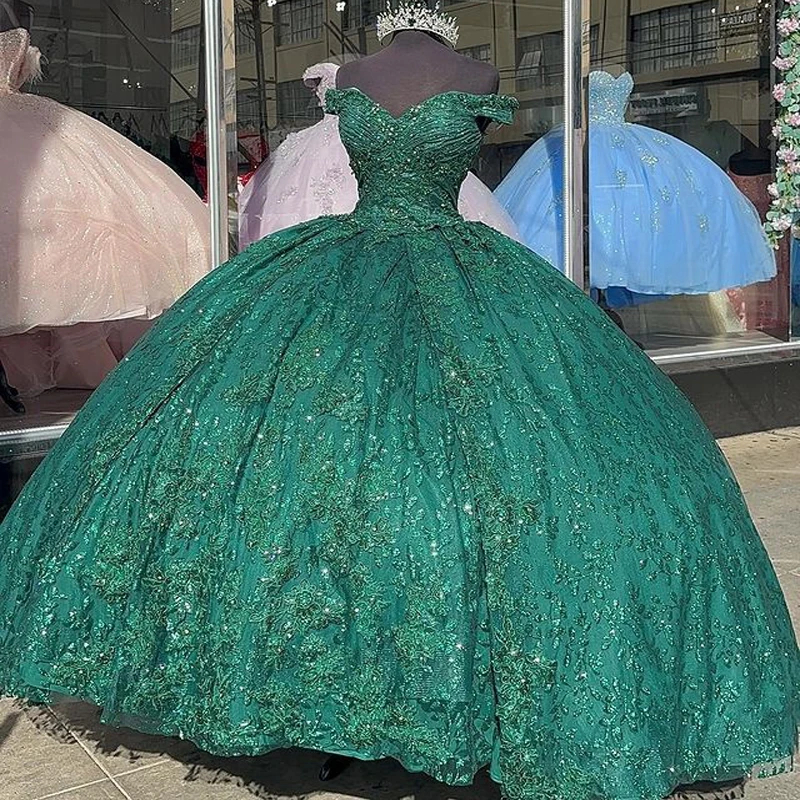 Princess Dark Green Lace Quinceanera Dresses Off The Shoulder Long Ball Gown Vestido De 15 VX Anos Sweet 16 Dress