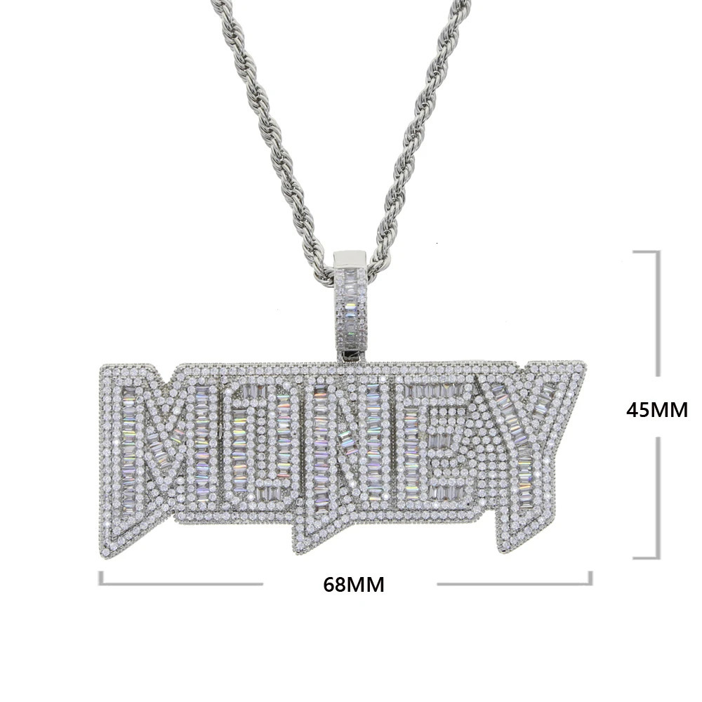 Iced Out Bling Letters Money Pendant Necklace Gold Silver Color Rectangle CZ Zircon Charm Mens Women Hip Hop Jewelry 241122 - view 3