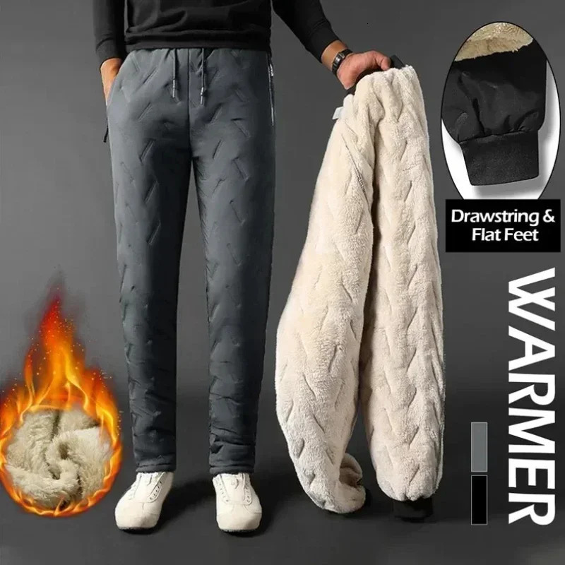 Winter Zip Pockets Thicken Fleece Sweatpants Men Joggers Black Grey Down Cotton Warm Pants Male Water Proof Thermal Trousers y241120