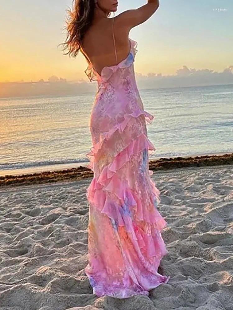 Dresses Beach Casual Style Backless Fashion Maxi Dress Women Summer 2024 Sleeveless V-Neck Party Ruffles Patchwork Printed L