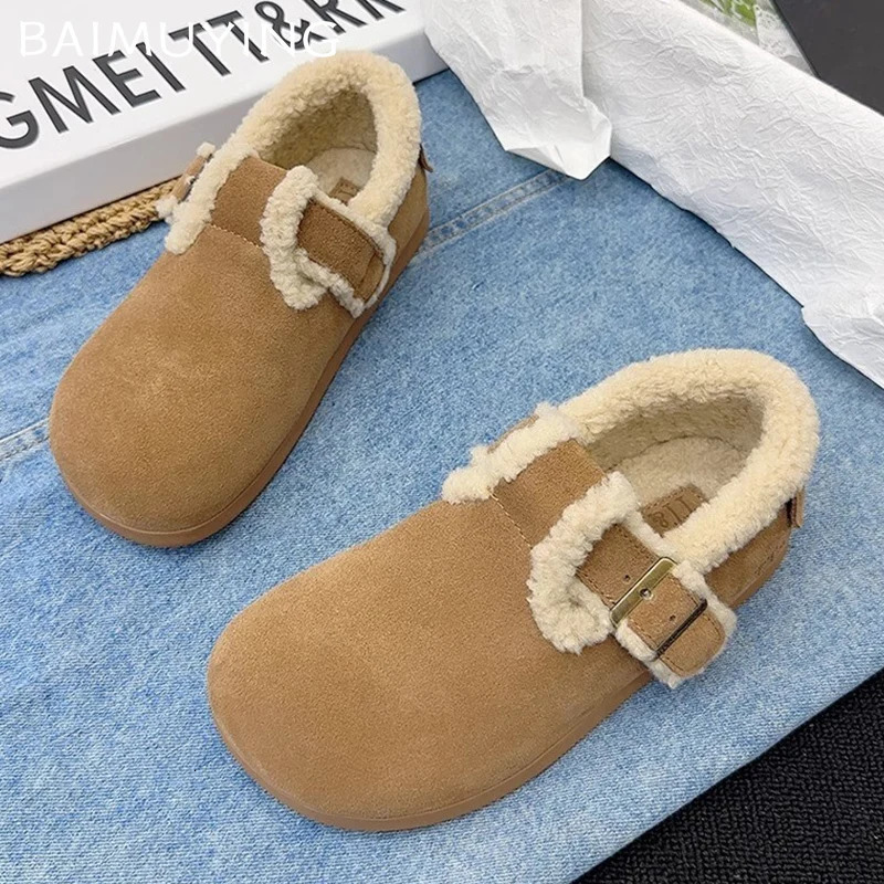 Fur Suede Women Flats Snow Boots Short Plush Casual Buckle Cotton Shoes Trend Walking Warm Cozy Winter Botas De Mujer 241122