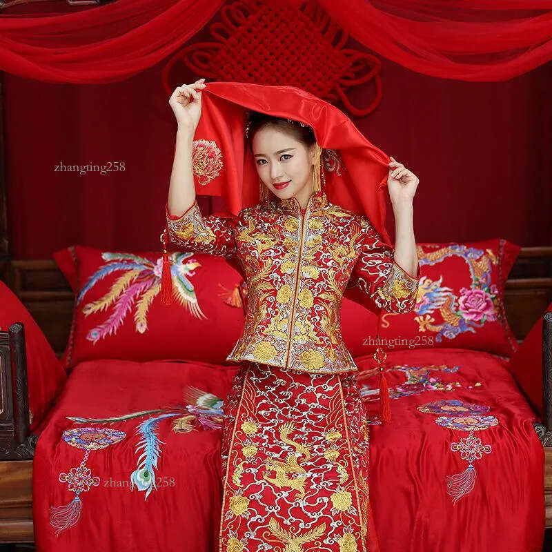 Ethnic Clothing Dragon Gown Bride Wedding Dress Chinese Style Costume Phoenix Cheongsam Evening Show Slim For The