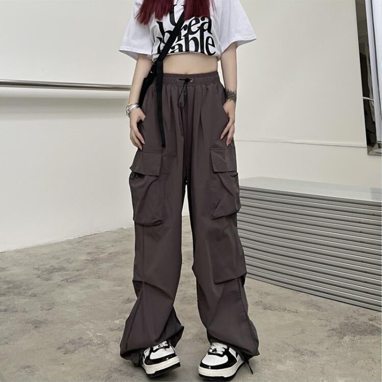 designer cargo pant womens Women Big Pockets Cargo Pants Y2k High Elastic Waist Drawstring Baggy Trousers Vintage Casual Loose Side Zipper Straight Pa