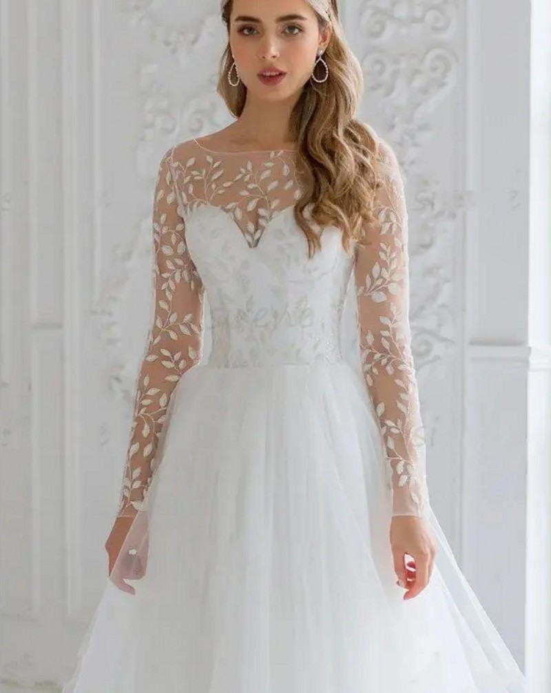 Short Wedding Dress White A-Line O-Neck Long Sleeve Lace Applique Tulle Illusion Back Bridal Party Gown Tea Length Vestidos De Novia