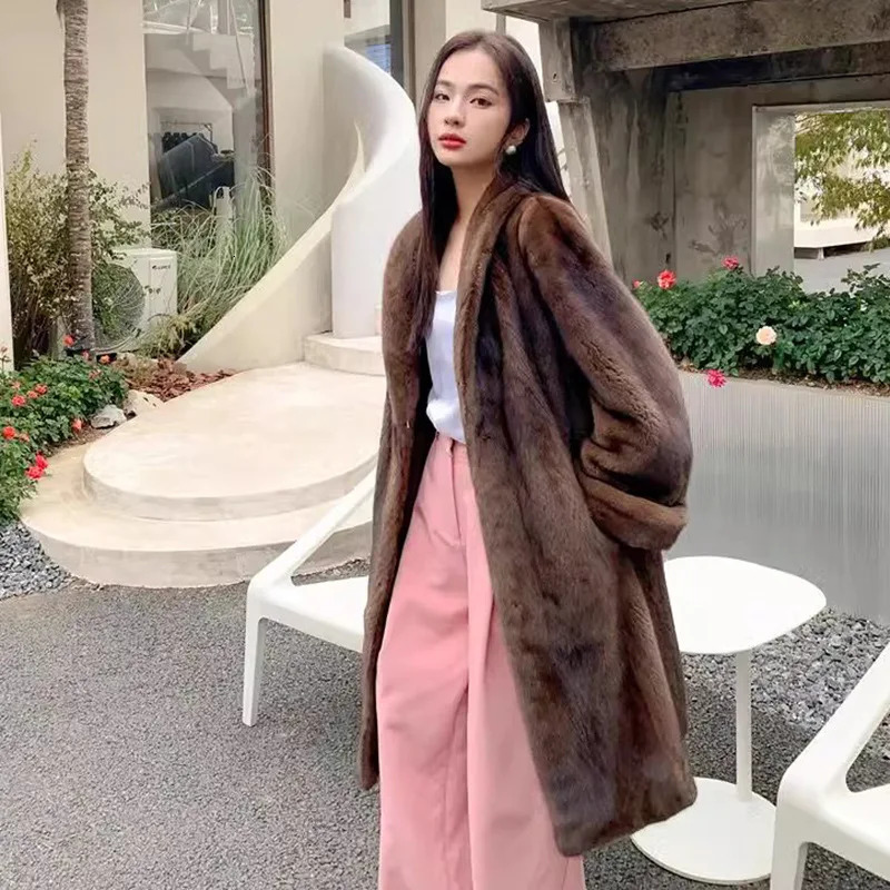 Womens mink fur coat velvet style lapel long winter casual warm windbreaker 241121
