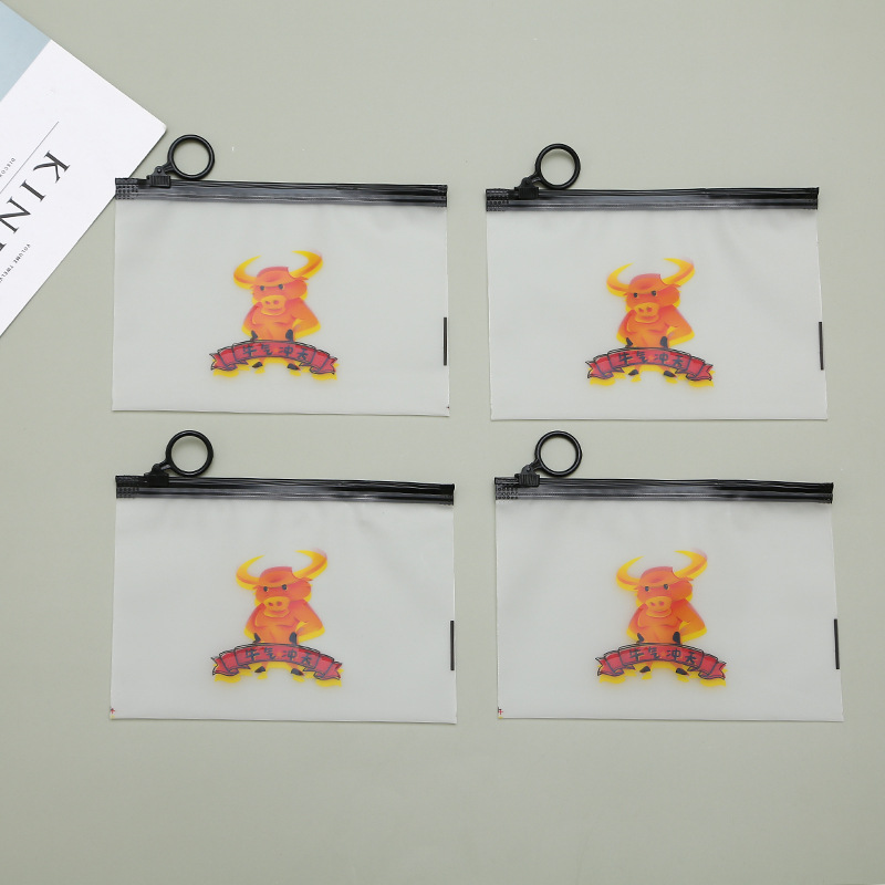 Cartoon calf rubber band packaging bag student stationery storage bag transparent plastic frosted ring zipper bag wholesale