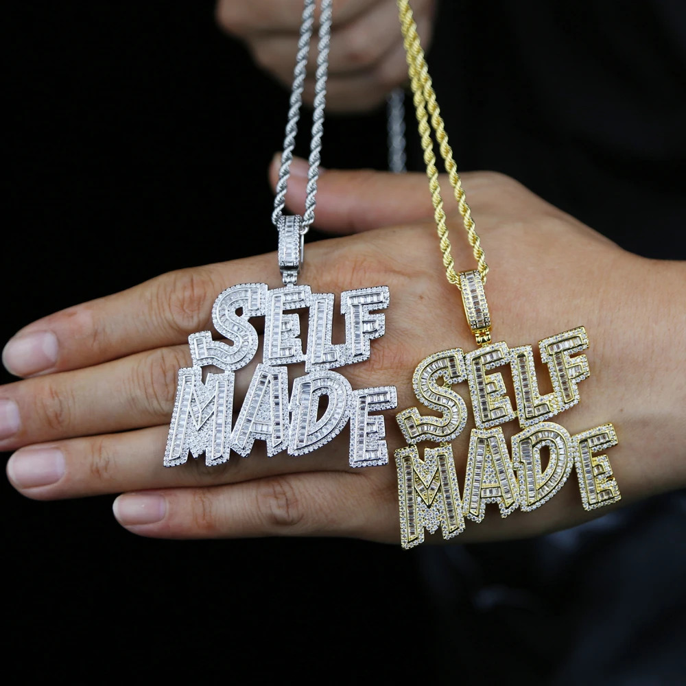 Hip Hop Iced Out Bling Full 5A Cz Paved Big Letter Self Made Charm Pendant Necklaces With Long Rope Chain Jewelry For Men 241122