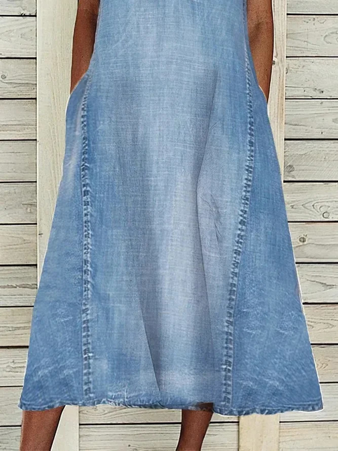 Women Vneck Sleeveless Midi Dress Spring Summer Denim Pockets Casual Loose Beach Long Dresses Streetwear 240422