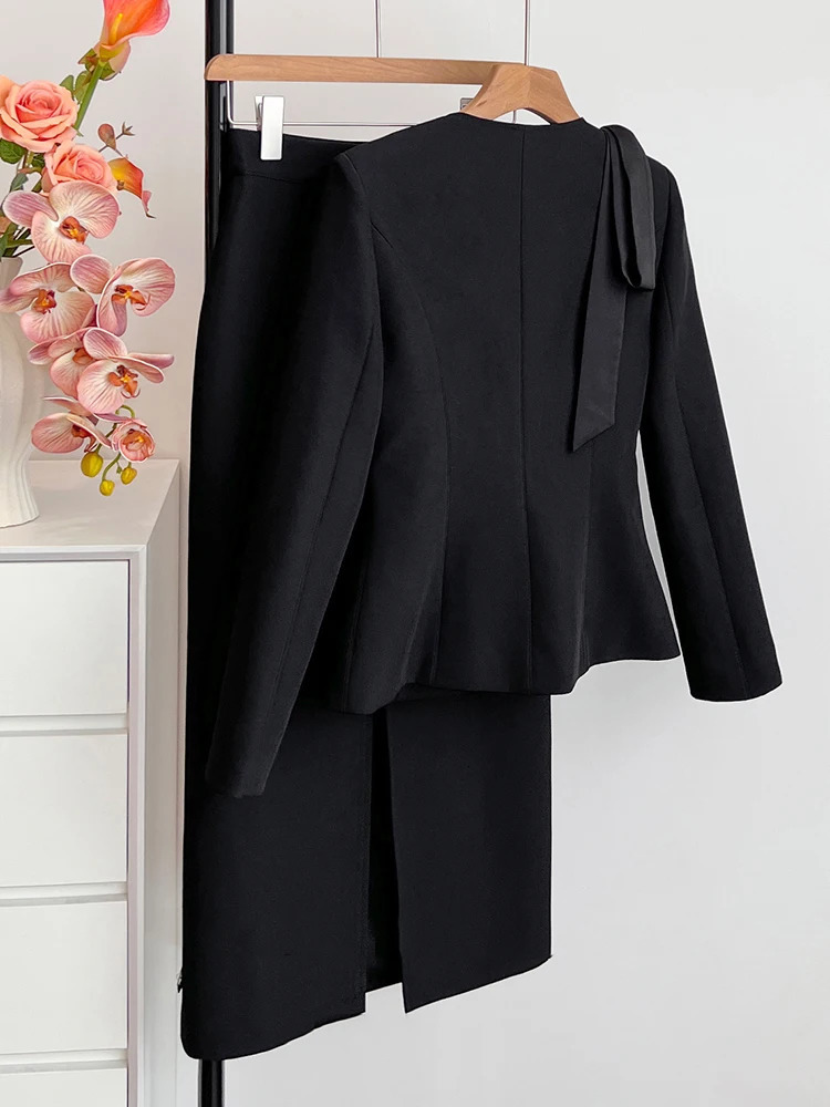 IEQJ Solid Flower Spliced 2 Piece Set For Women Round Neck Single Breasted Coat High Waist Skirt Sets Autumn 36A3226 241121