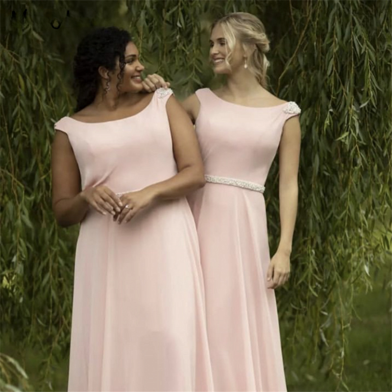 Pearl Pink Bridesmaid Dresses Scoop Neck A-Line Long Chiffon Pleated Maid of Honor Gowns Backless Wedding Party Guest Dress Plus Size