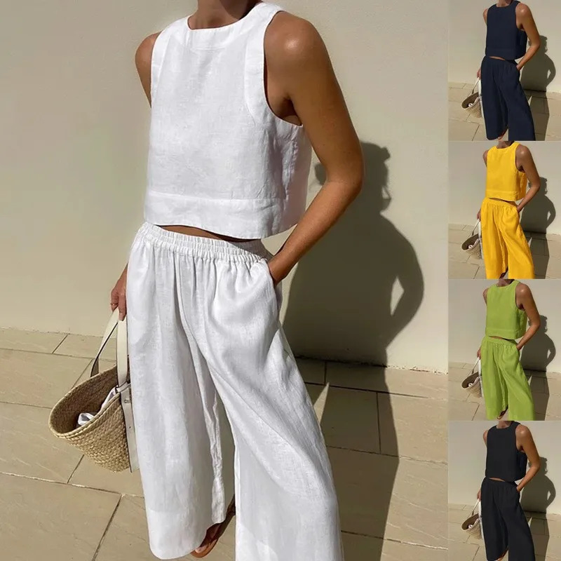 Women Spring Summer Fashion 2024 Holiday Linen Pant Set Crop Tops Solid Outfits Sleeveless 2 Two Piece Matching For 240407