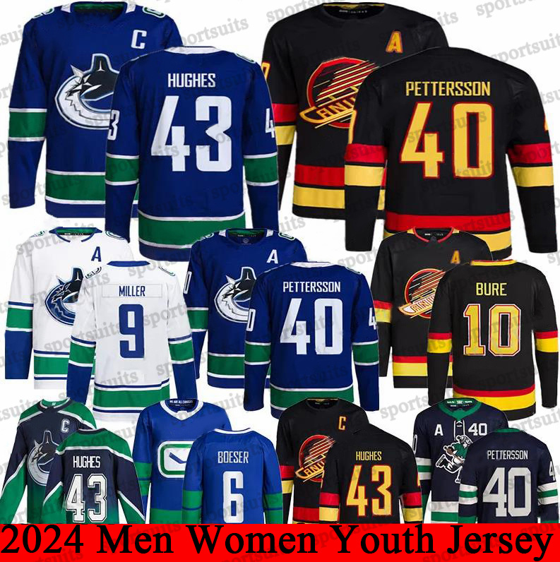 #43 Quinn Hughes Canucks hockey jersey #40 Elias Pettersson Elias Lindholm Brock Boeser Dakota Joshua Linden J.T. Miller Conor Garland Pavel Bure jerseys