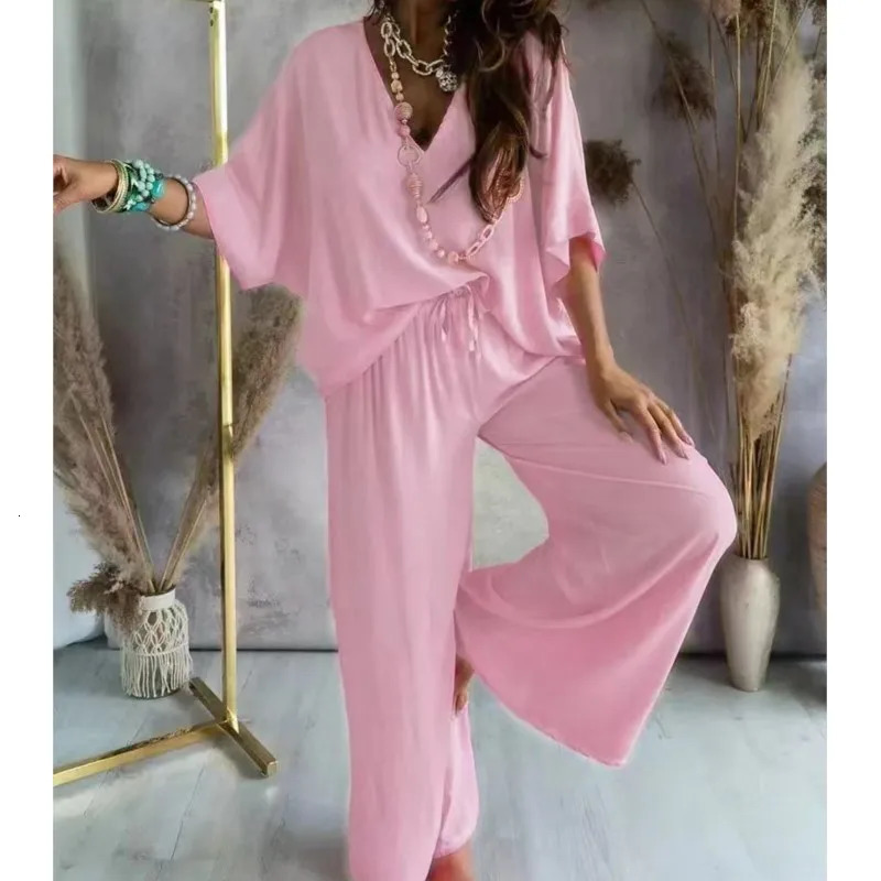2024 Long Pant Sets Summer two piece set For Women V neck Bat Sleeve Casual Loose Wideleg Pants 2 solid color Outfits 240419