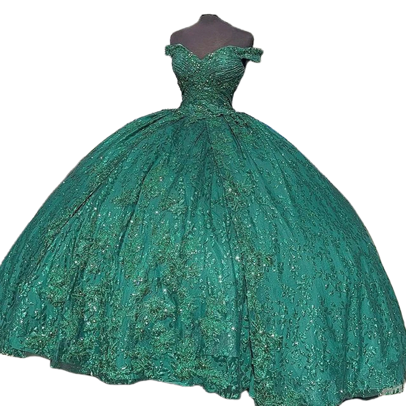 Princess Dark Green Lace Quinceanera Dresses Off The Shoulder Long Ball Gown Vestido De 15 VX Anos Sweet 16 Dress