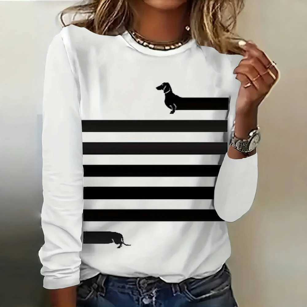 2024 New Womens Simple Striped T-Shirt Funny Christmas Dachshund Printed Long Sve T-Shirt Designer ClothingX241122