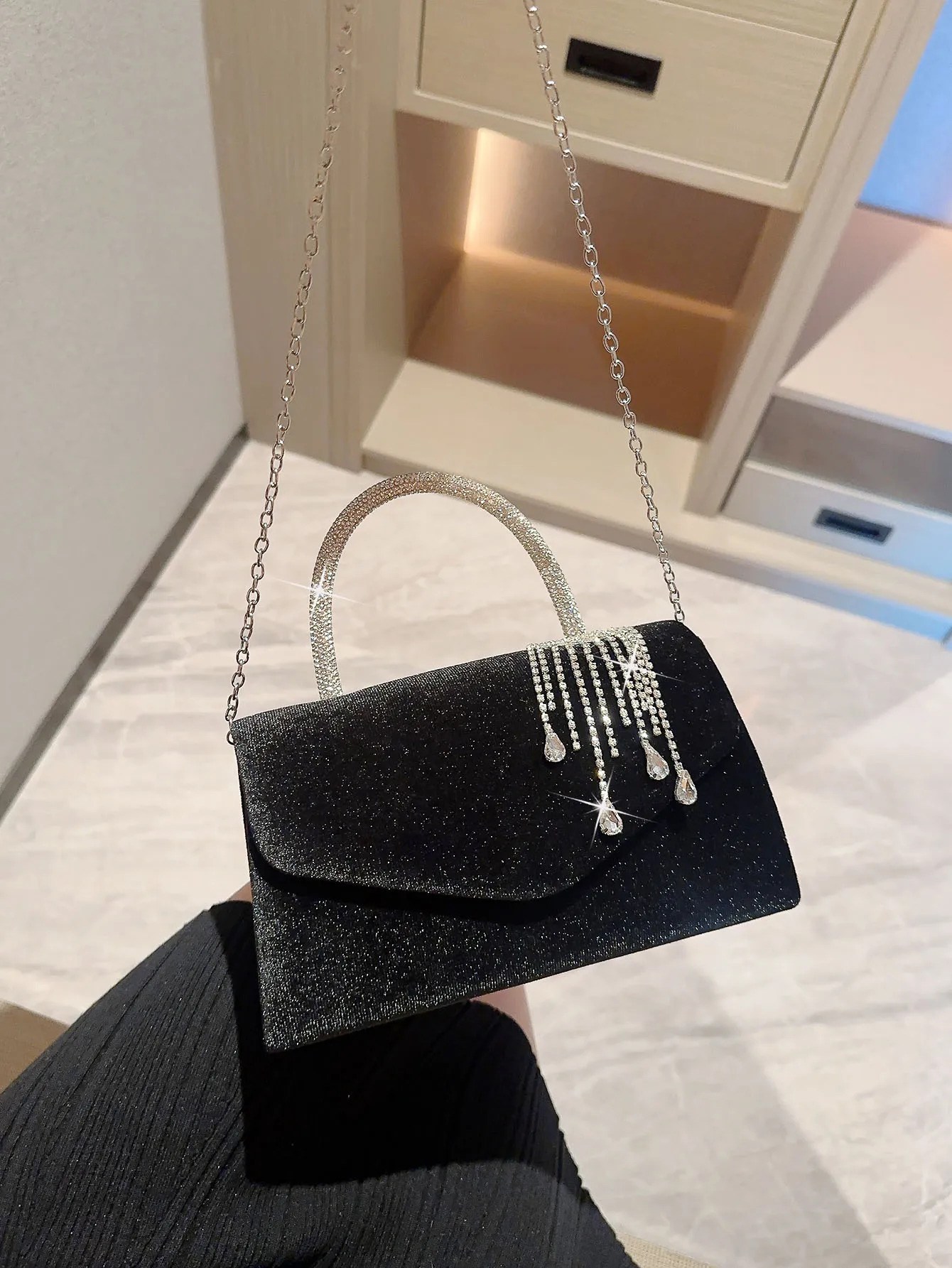 Lady Autumn Winter Vintage Velvet Flap Evening Bag Dress Tassel Handbag Banquet Prom Party Tote Chain Bridal Cocktail 241115