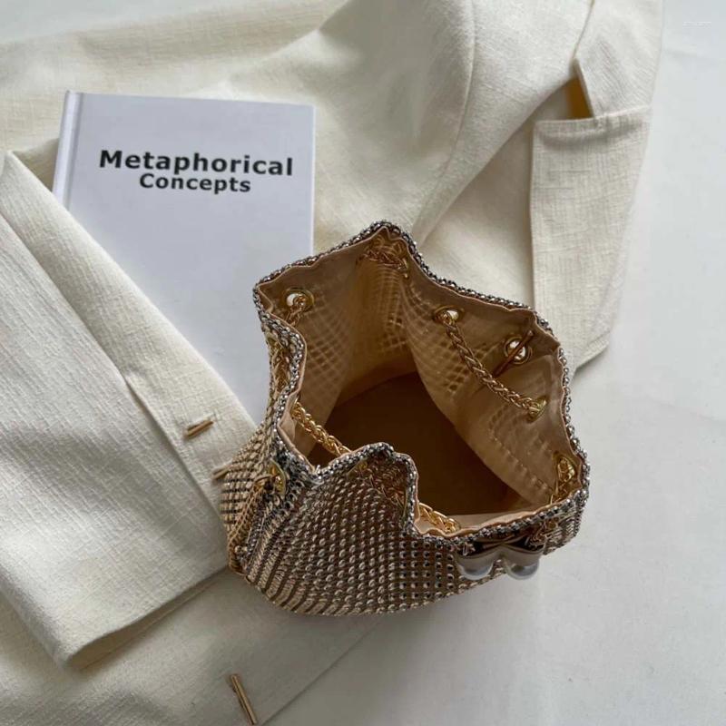 Shoulder Bags Women Chain Crossbody Bag Solid Color Rhinestone Glittering Satchel Drawstring Shinny Sling Purse Dinner Party 240729