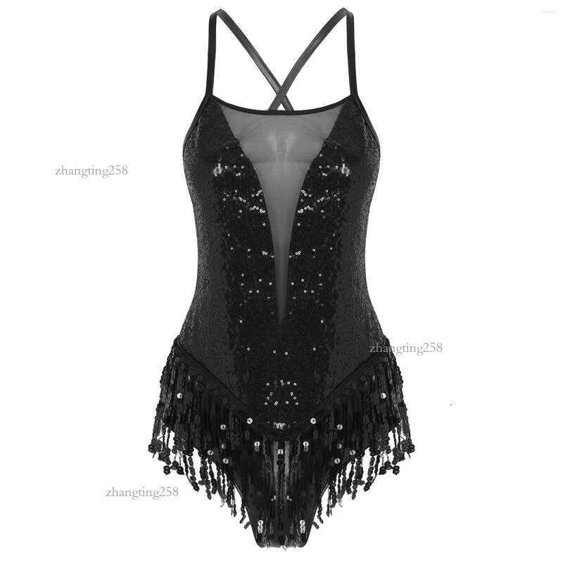 Stage Wear Womens Sparkly Tassel Bodysuit Sequins Gymnastics Ballet Dance Leotard Fringed Jumpsuits Latin Jazz Performance Costume