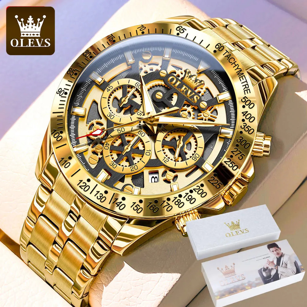 OLEVS Lxuxry Gold Mens Watches Full Skeleton Stainless steel Chronograph Wristwatch Waterproof Luminous Quartz Watch Men 241122