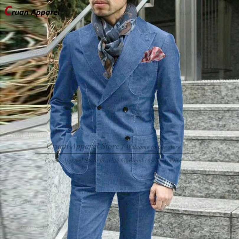 New mens denim suit decoration custom fashion business wedding dress set casual winter black suit jacket pants 2 pieces W241123