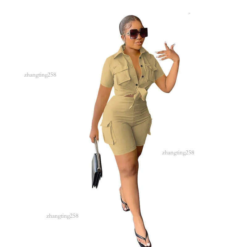 New summer clothing Designer Women Tracksuits 2 Piece Set Outfits Sexy Solid Color Short Sleeve Shirt And Shorts Two Pieces Womens Matching Suits