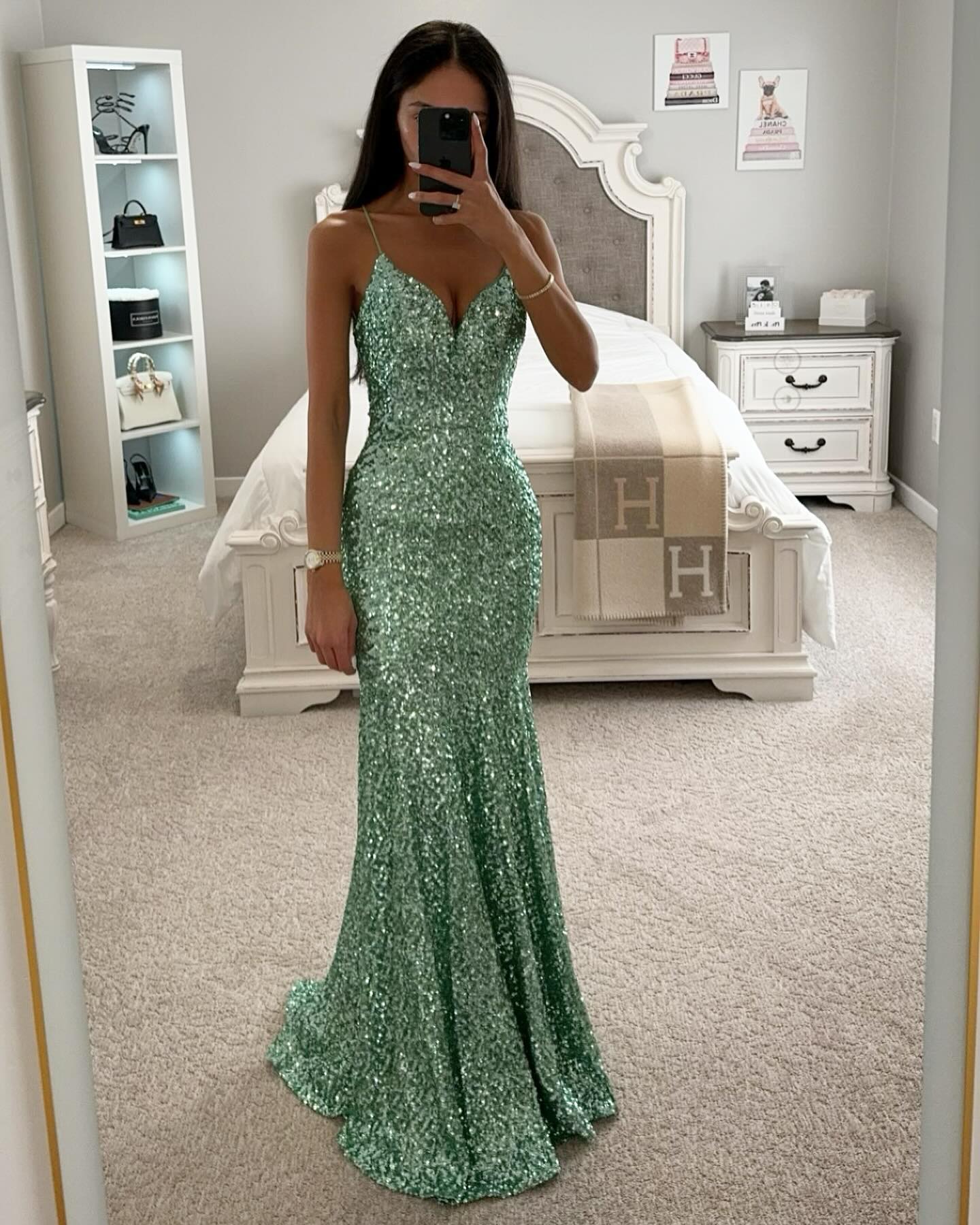 Mint green mermaid prom dress sequins spaghetti formal evening dresses elegant backless party gowns for special ocns long robe de soiree
