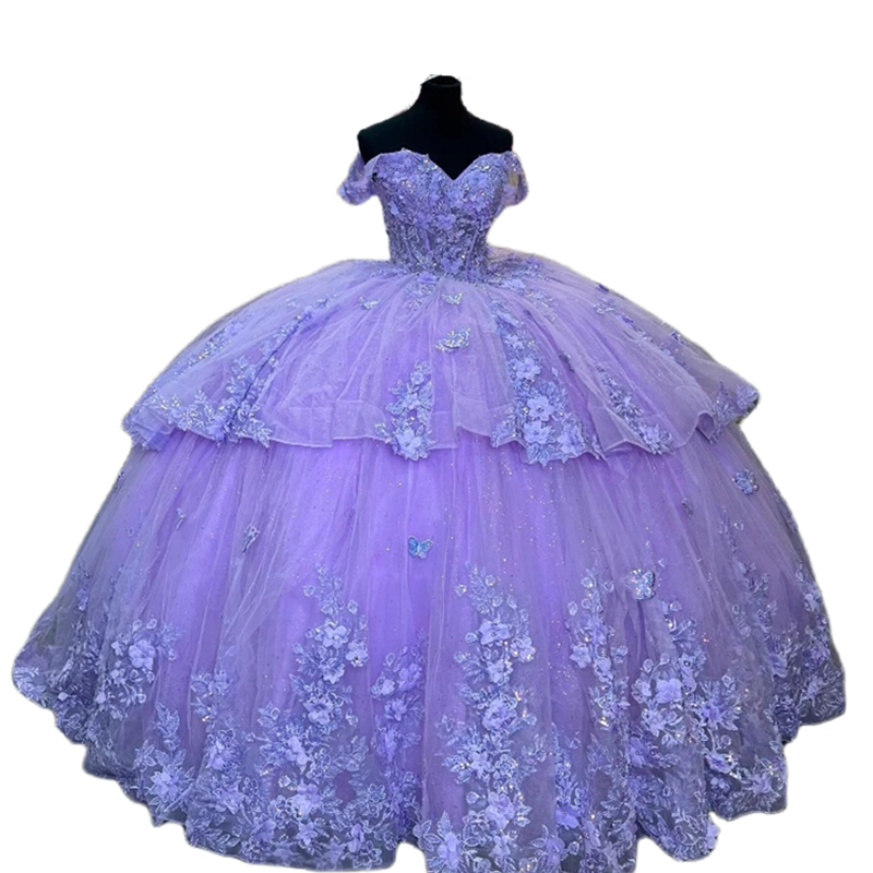 Lilac Off Shoulder Quinceanera Dresses 3D Floral Appliques Floor Length Tiered Ball Gown Prom Dress Back Lace-Up Sweet 16 Robe Princess Vestido De 15 