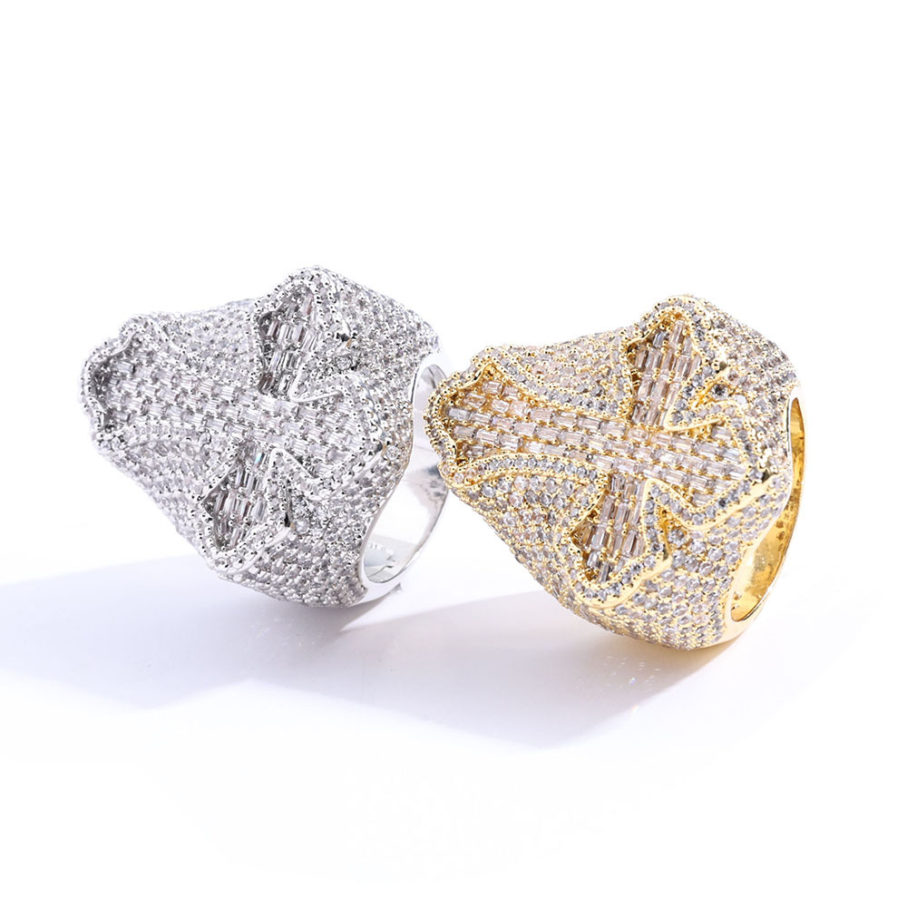 Hip Hop Cross Ring 18K Real Gold Plated TopBling 5A Cubic Zircon Religious Mens Jewelry