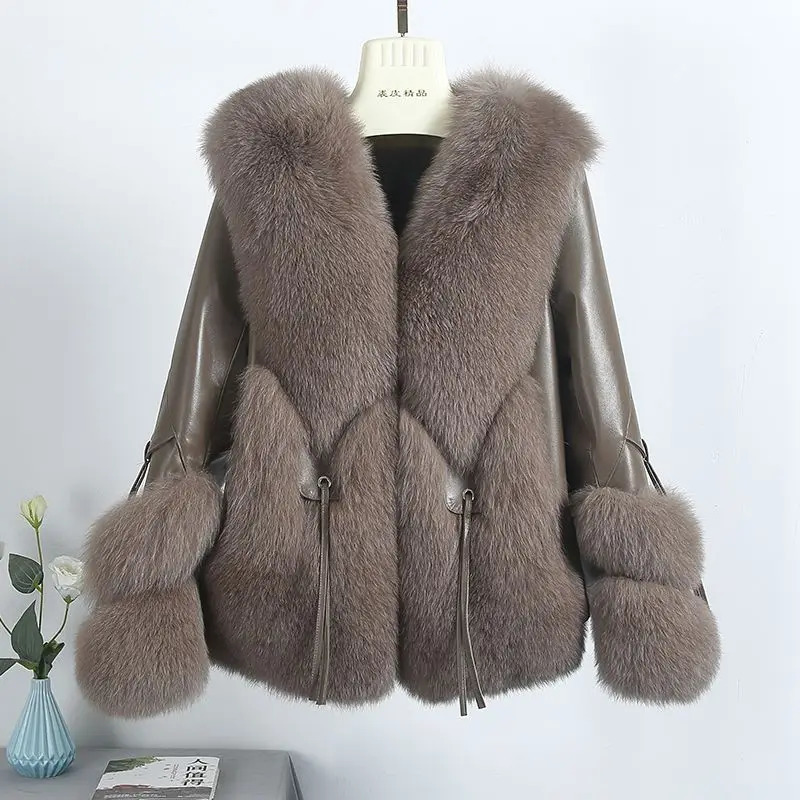 Real fox fur coat with down leather wholesale natural fox fur leather jacket womens winter model 241119
