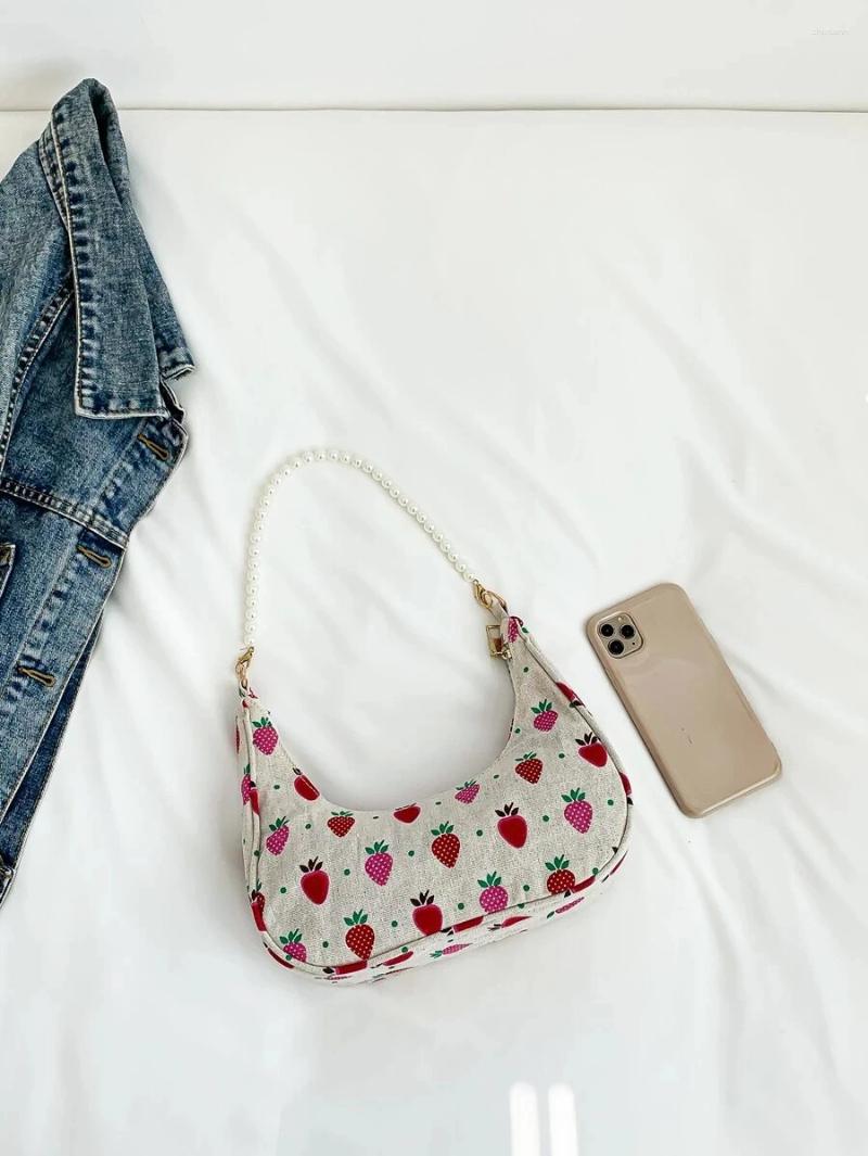 Free Shipping Shoulder Bags Fashionable Pearl Chain Cute Kawaii Strawberry Shaped Crescent Bag For Women Simple Casual Commuting Handbag Hobo
