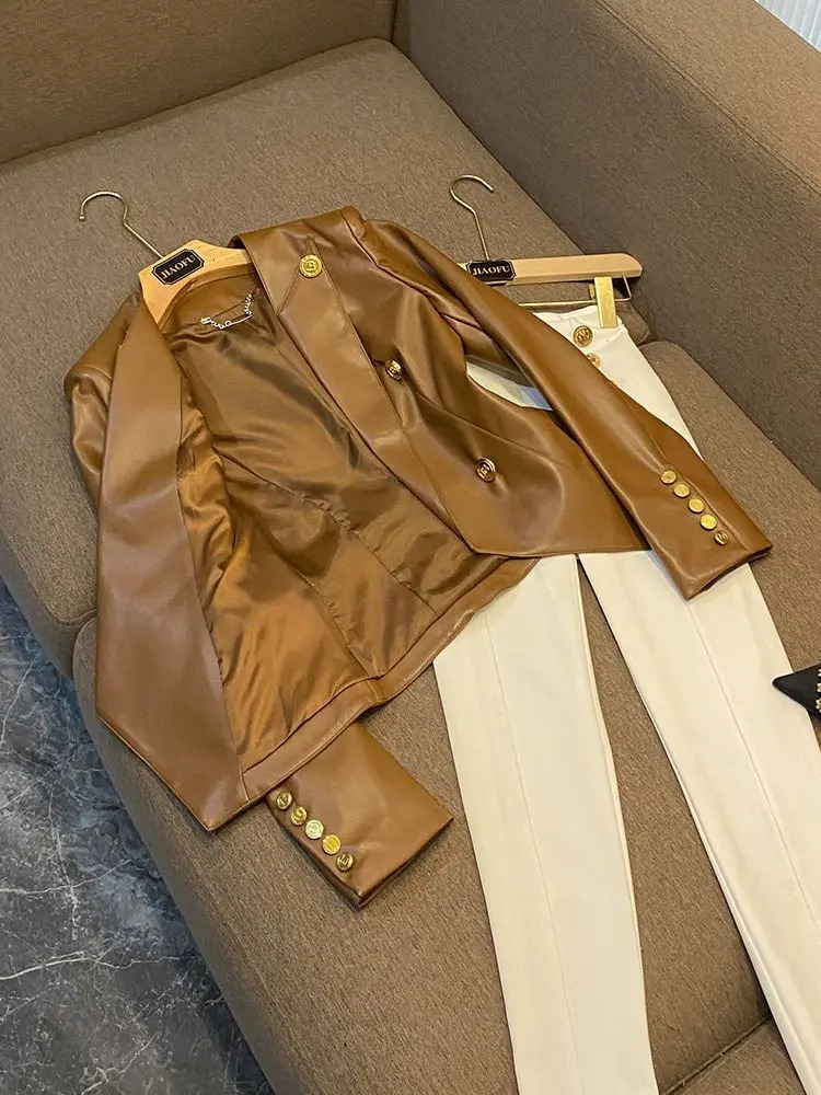 Fashion Slim Fit PU Leather Jacket Women Clothing Autumn/Winter Business Outfits Gold Button Black Suit Blazer Women Coat 241122