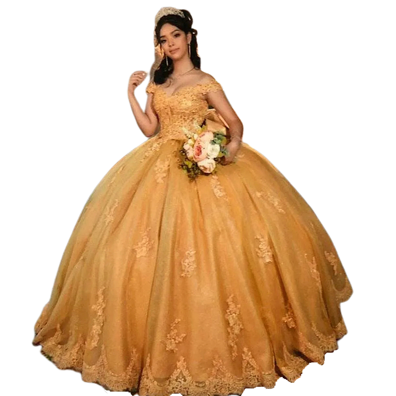 Gold Princess Quinceanera Dresses With Bow Back Lace Appliques Floor Length Off Shoulder Ball Gown Prom Sweet 16 Dress 2024 Vestido De 15 VX Anos