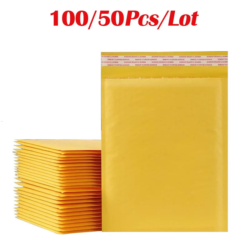 50/100 pieces of yellow kraft paper bubble mail bag packaging bag self sealing filled envelope polyester lined transport bag 241121