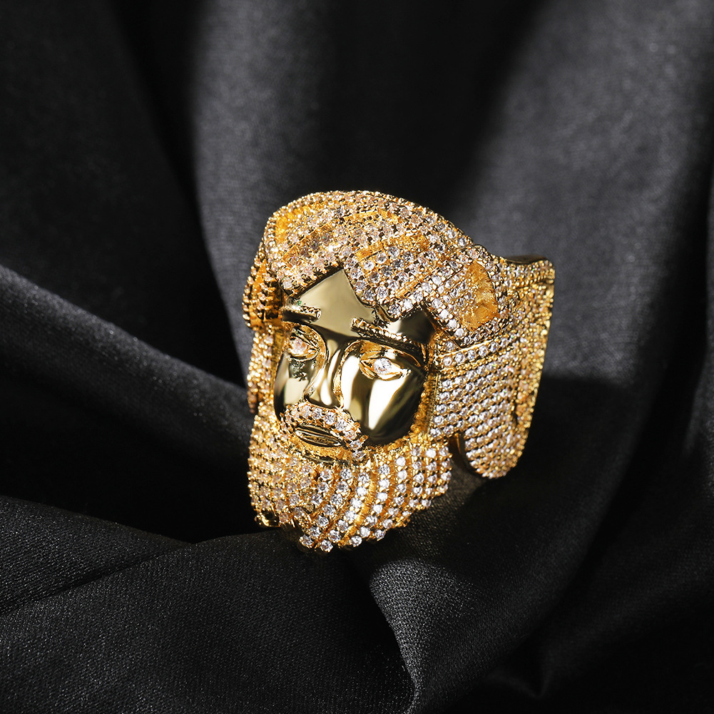 Hip Hop Vintage Jesus Face Ring 5A Zircon 18K Real Gold Plated Religious Jewelry