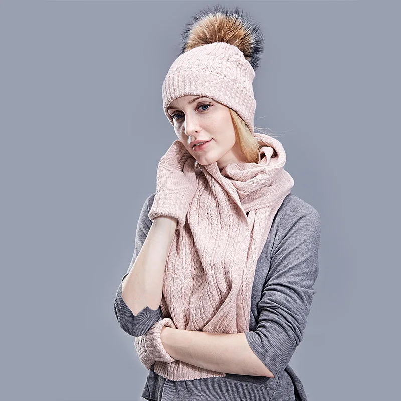 Real Fur Pompom Winter Knitted Hats For Women Hat Scarf Glove Set 3 Piece Sets Twist stripes Cap Gorros Bonnet Beanie Skullies 241122