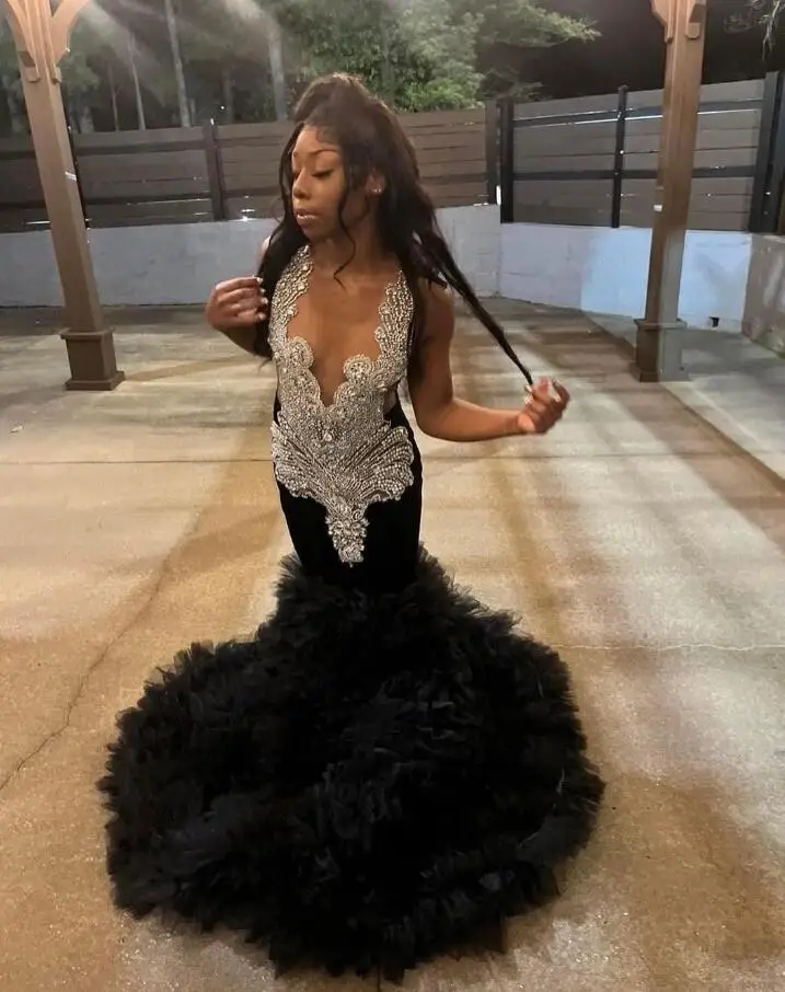 Sparkly Long Mermaid Evening Ceremony Dresses For Black Girl 2024 Diamond Crystal Ruffles Prom Birthday Dress See Through 0431