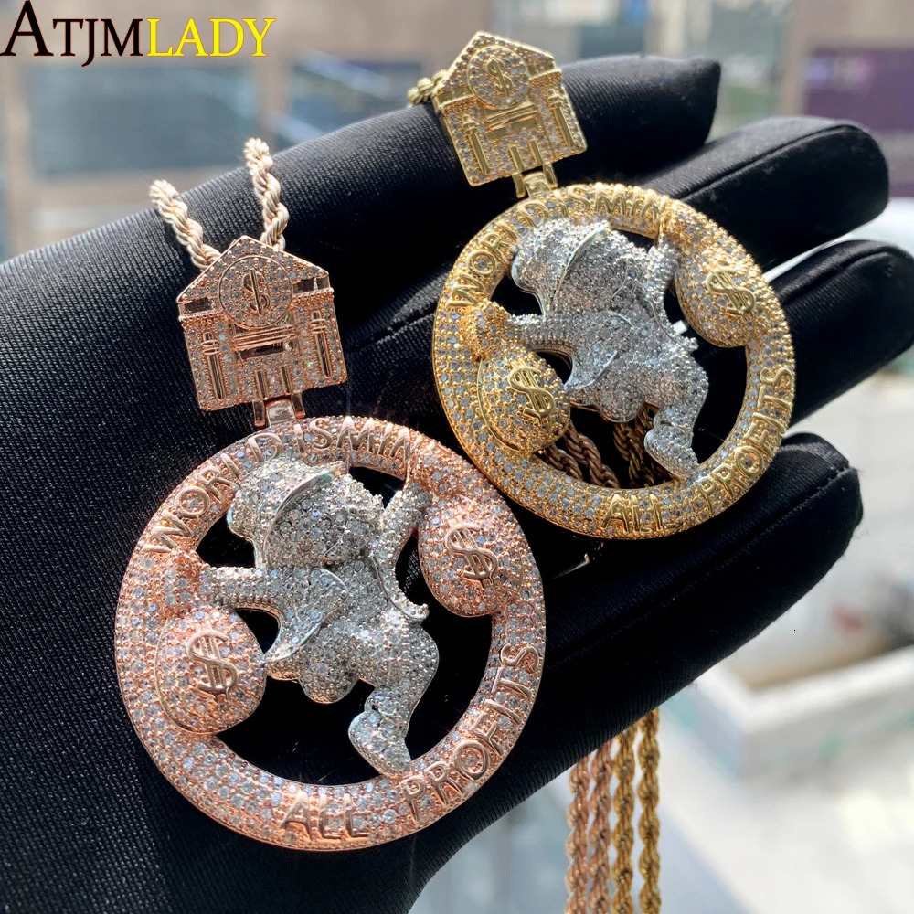 All Profits World Is Mine Hip Hop Pendant Necklace Full Paved Bling 5A Cubic Zirconia CZ Trap House Dollar Iced Out Men Jewelry 241122