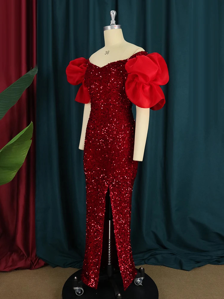 Sexy Women Even Dress Sequin Off Shoulder Fluffy Sleeve High Slit Velvet Robes Big Size Maxi Long Formal Party Evening Prom Gown 240420