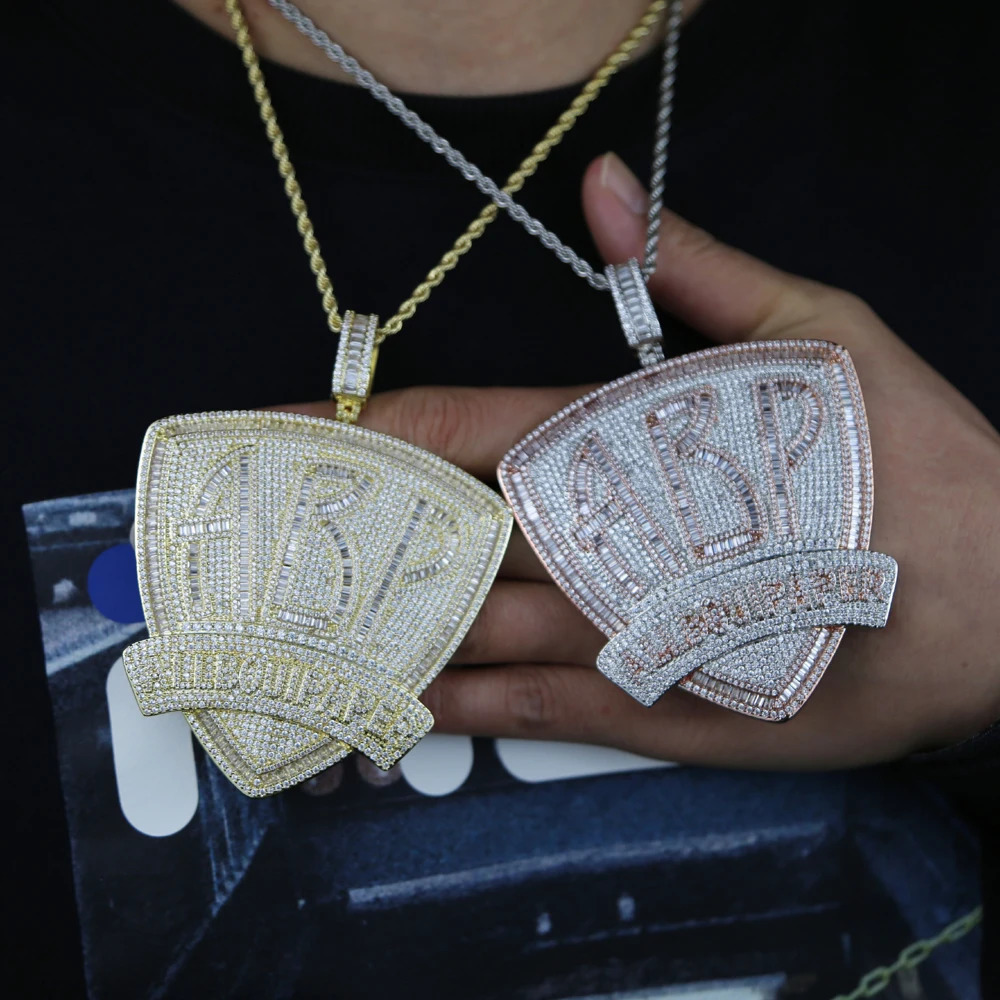 Iced Out Bling CZ Letter ABP Pendant Necklace Full Cubic Zirconia All Bout Paper Badge Charm Men Fashion Hip Hop Jewelry 241122