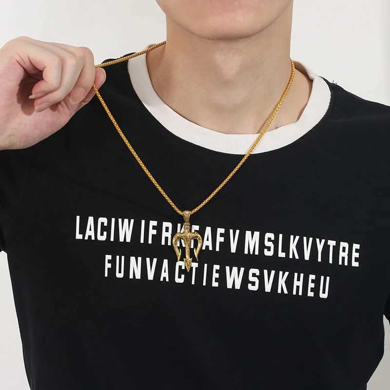 Men Stainless Steel Chain Antique Necklace Gold/Silver Color Trident Pendant Necklace Hip Hop Choker Homme Viking Jewelry GiftX241122