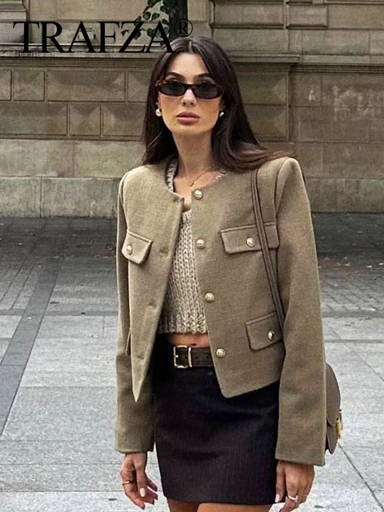 TRAFZA Women Vintage Solid Coat Button Long Sleeve O Neck Jacket With Pocket 2024 Spring Elegant Female Casual Outerwear Jakcet 241122
