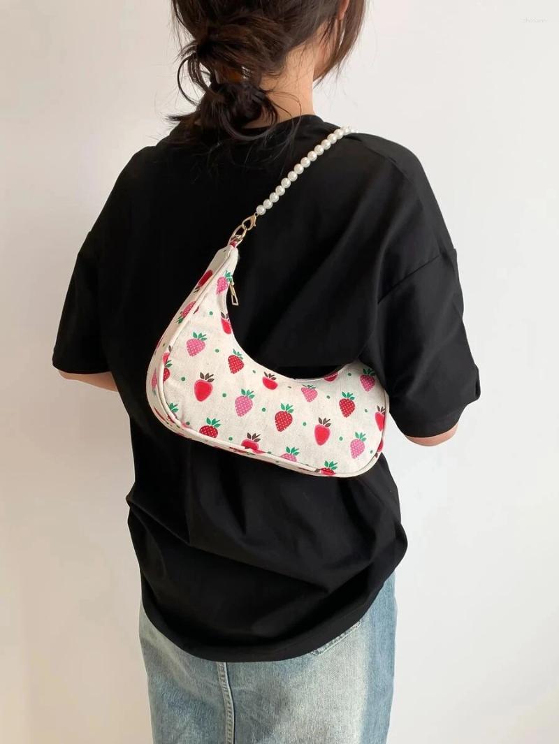 Free Shipping Shoulder Bags Fashionable Pearl Chain Cute Kawaii Strawberry Shaped Crescent Bag For Women Simple Casual Commuting Handbag Hobo